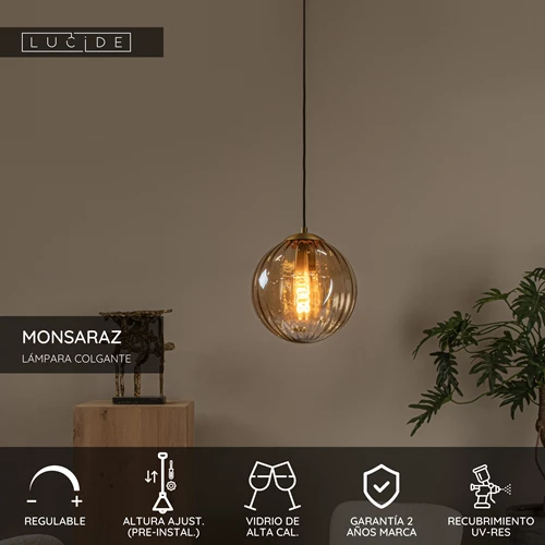 Lucide MONSARAZ - Lámpara colgante - Ø 25 cm - 1xE27 - Ámbar - USP